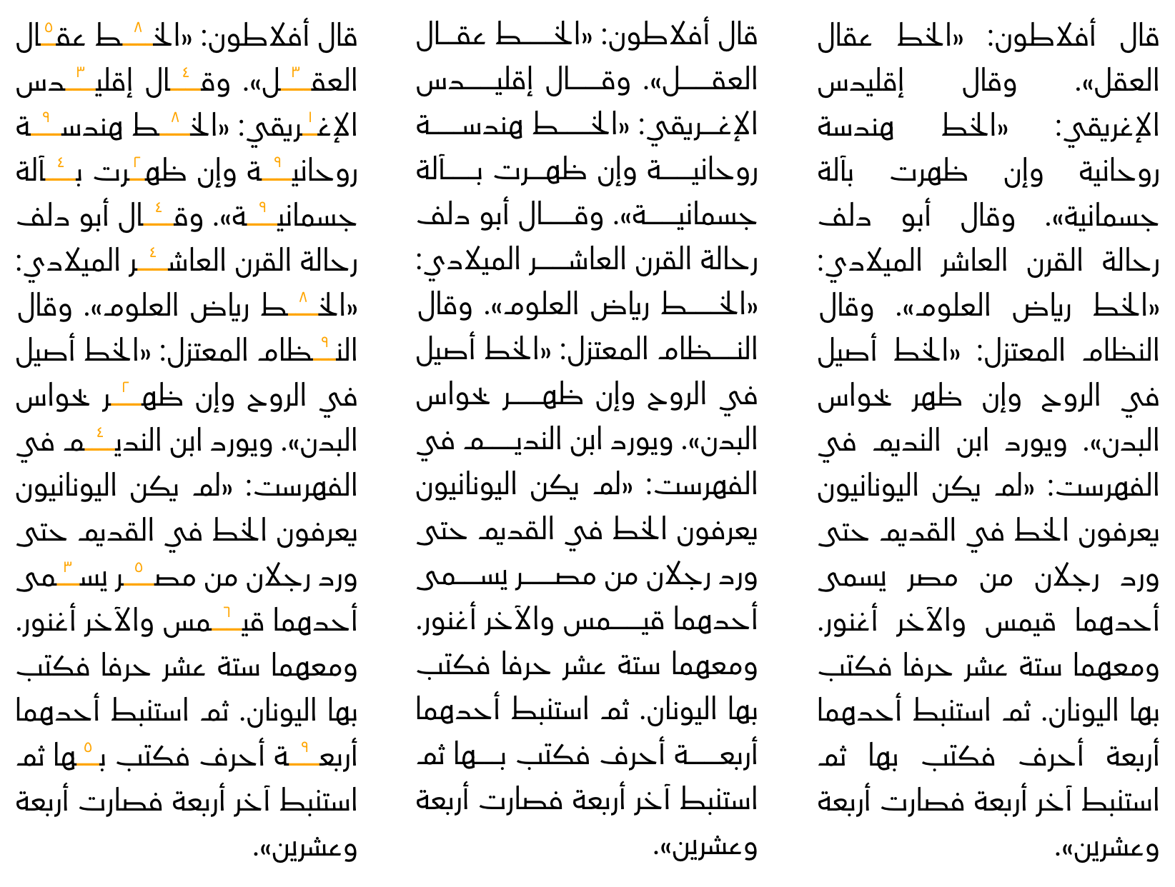 أمثلة على مساواة نص عربي بالكشيدة وبدونها